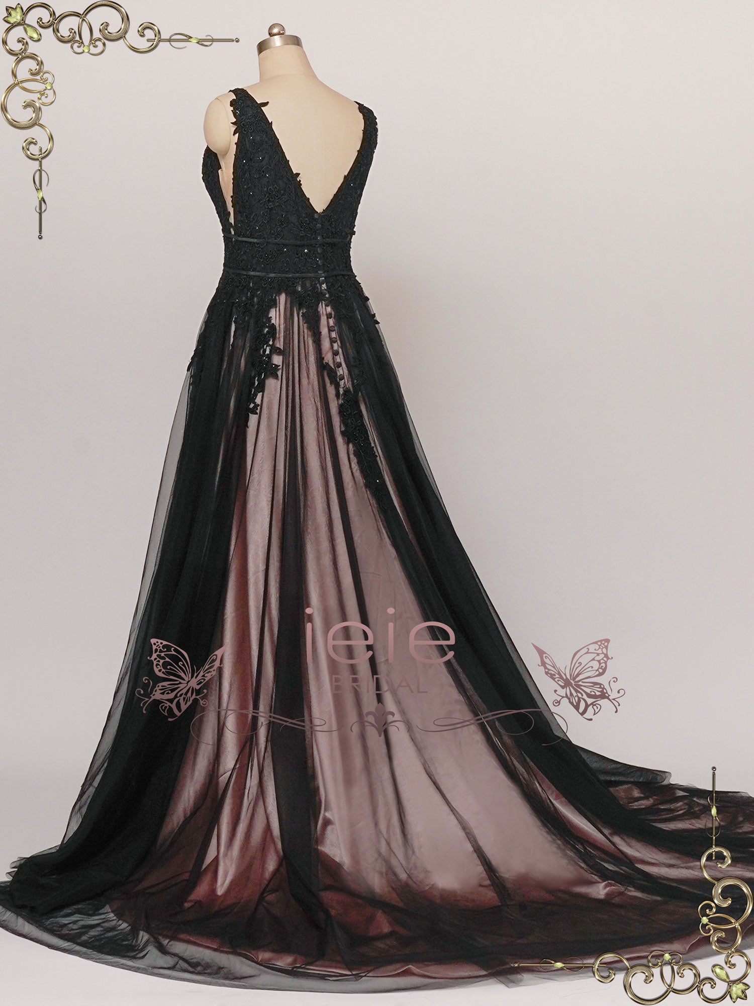 Gothic Black Lace Wedding Dress with Open Back SYBIL Custom Size / Black Gothic Black Lace Wedding Dress with Open Back SYBIL Custom Size / Black