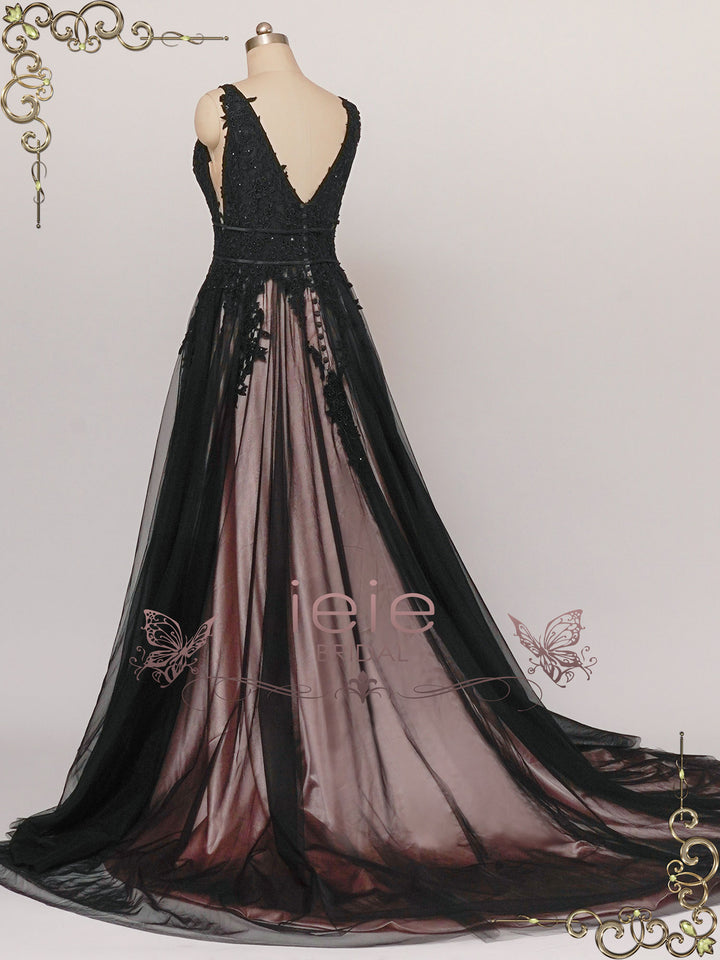 Gothic Black Lace Wedding Dress with Open Back SYBIL Size 20W / Custom Color Gothic Black Lace Wedding Dress with Open Back SYBIL Size 20W / Custom Color
