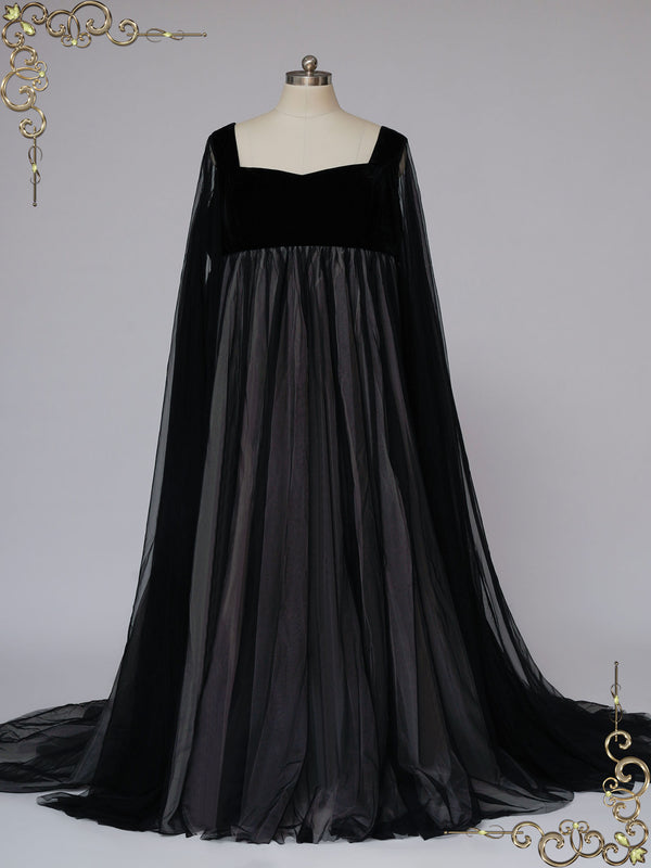 Gothic Black Wedding Dress with Long Tulle Sleeves SAMARA