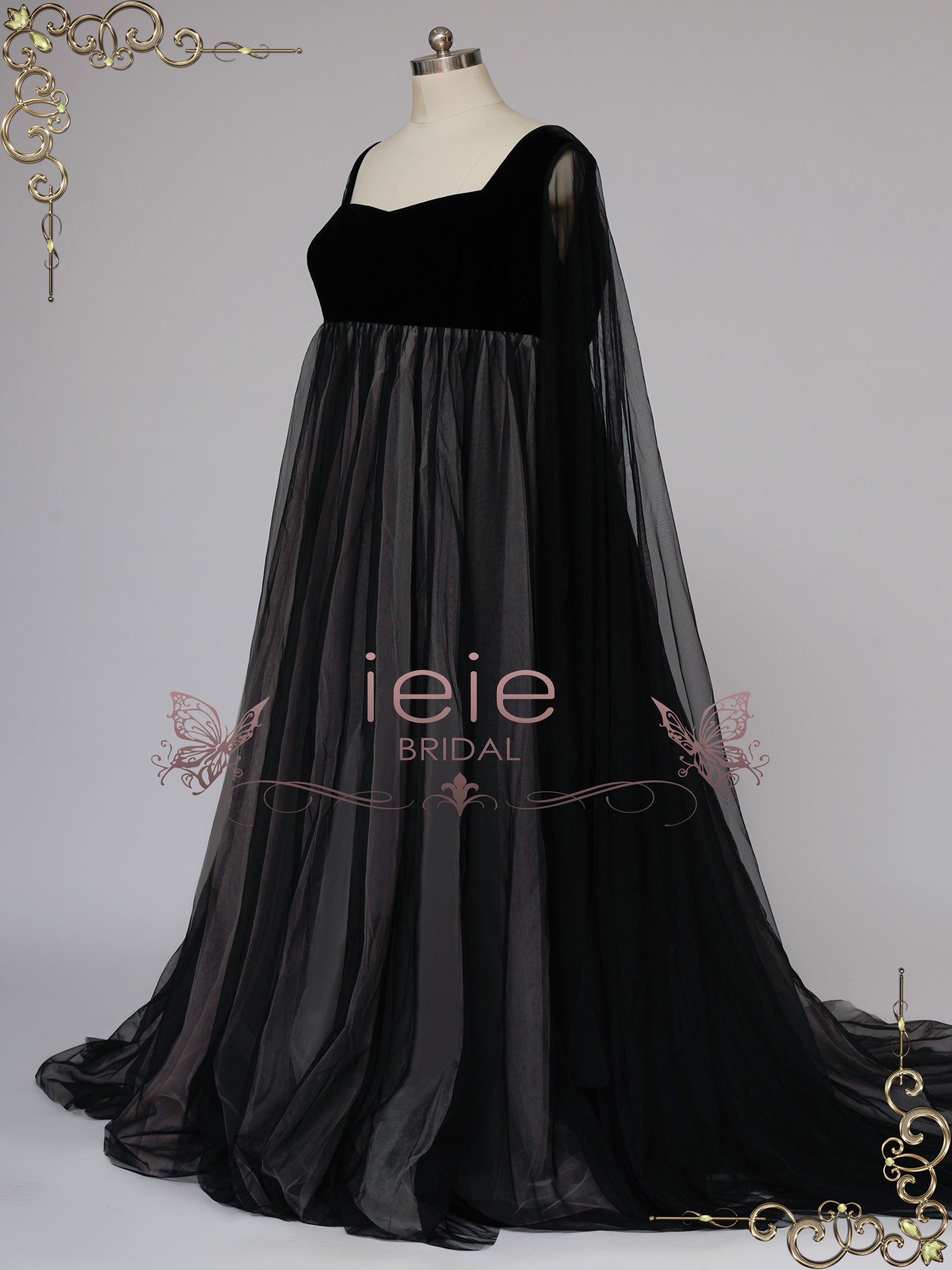 Gothic Black Wedding Dress with Long Tulle Sleeves SAMARA