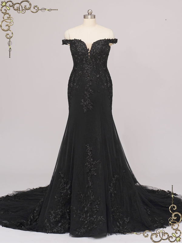 Black Lace Mermaid Wedding Dress with Off the Shoulder Neckline ELTON