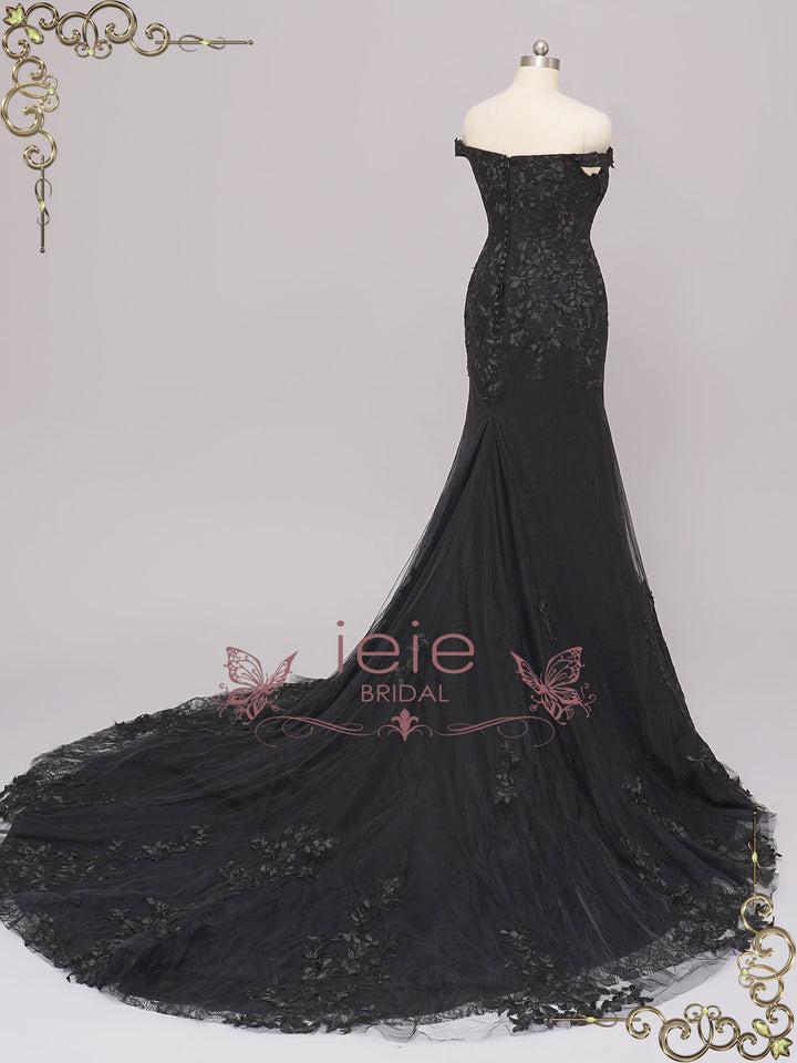 Black Lace Mermaid Wedding Dress with Off the Shoulder Neckline ELTON Size 26W / Black Black Lace Mermaid Wedding Dress with Off the Shoulder Neckline ELTON Size 26W / Black