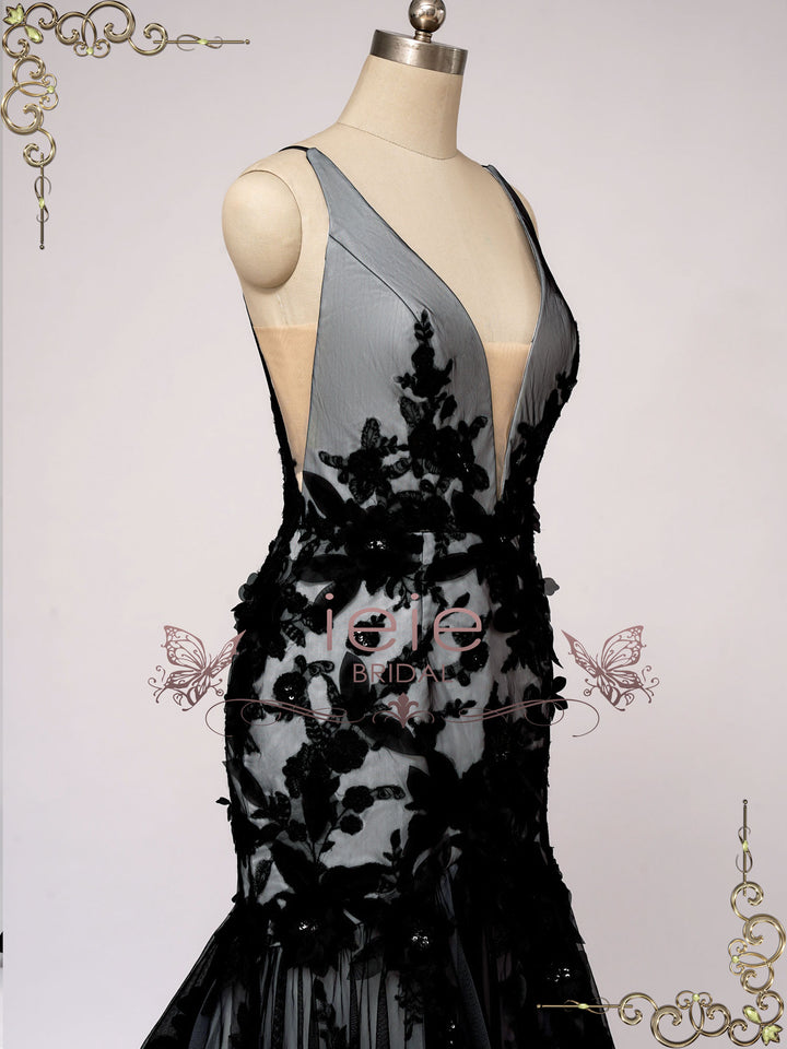 Black Lace Wedding Dress with 3D Flowers AMARIS