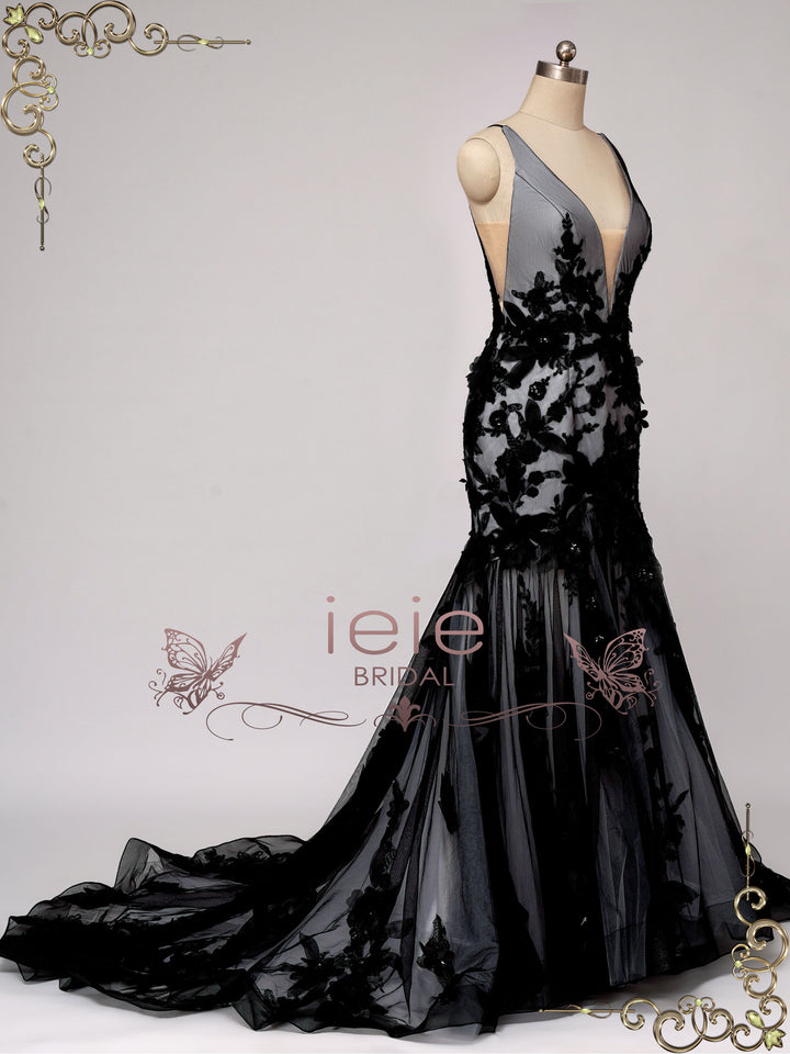 Black Lace Wedding Dress with 3D Flowers AMARIS