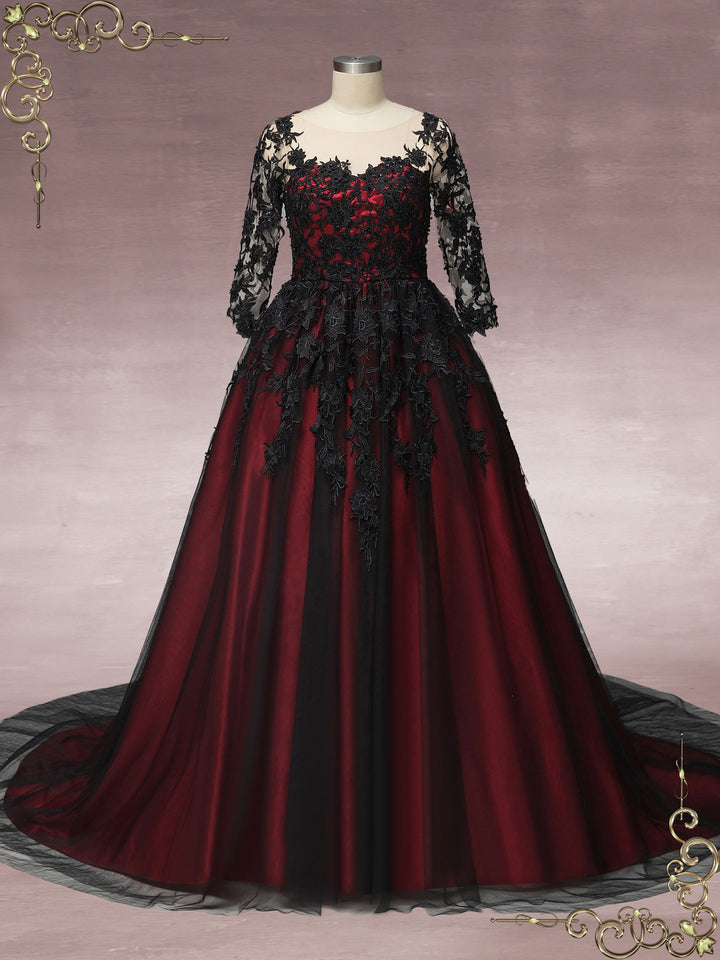 Gothic Black Lace Wedding Dress with Red Lining BLAIR ieie Gothic Black Lace Wedding Dress with Red Lining BLAIR ieie