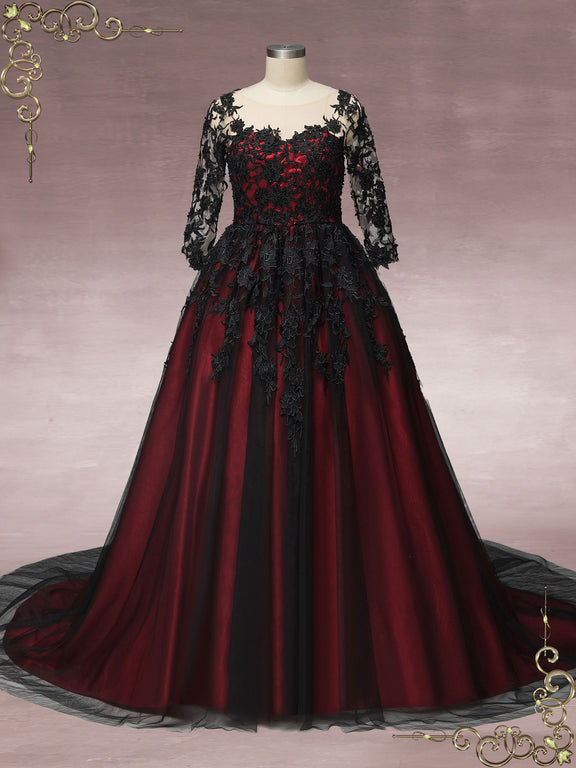 Gothic Black Lace Wedding Dress with Red Lining BLAIR – ieie Bridal