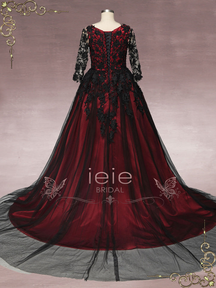 Gothic Black Lace Wedding Dress with Red Lining BLAIR ieie Gothic Black Lace Wedding Dress with Red Lining BLAIR ieie