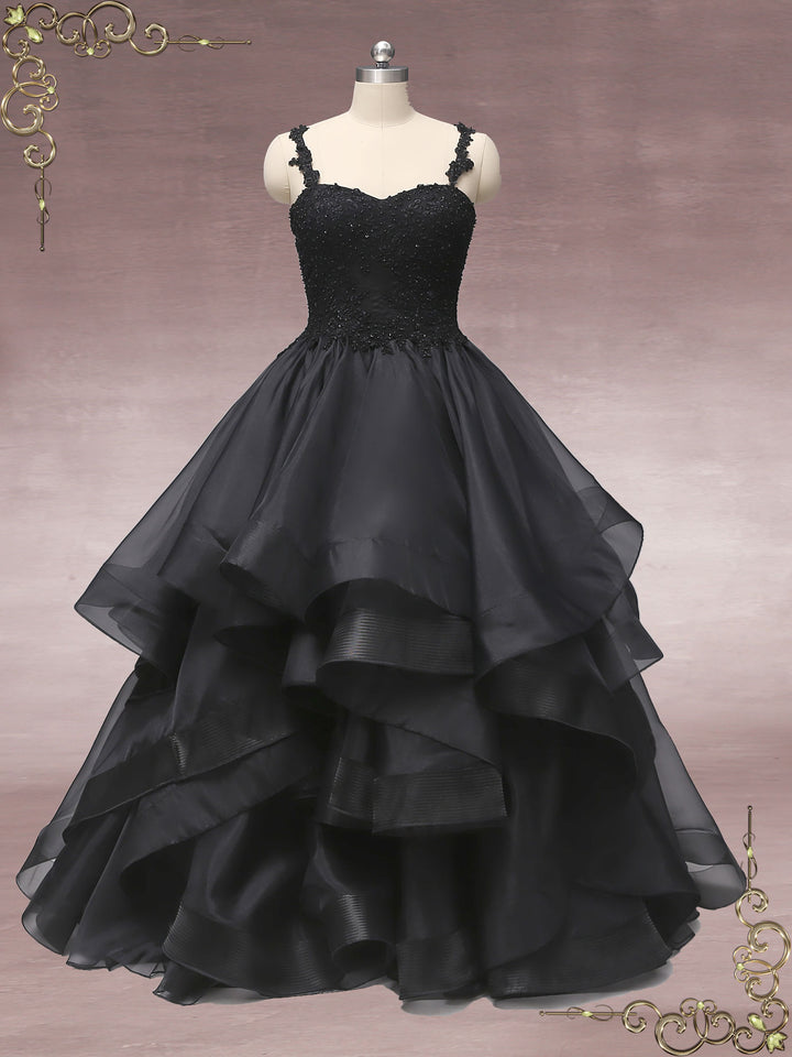 Black Lace Wedding Dress with Ruffle Skirt CAITLIN