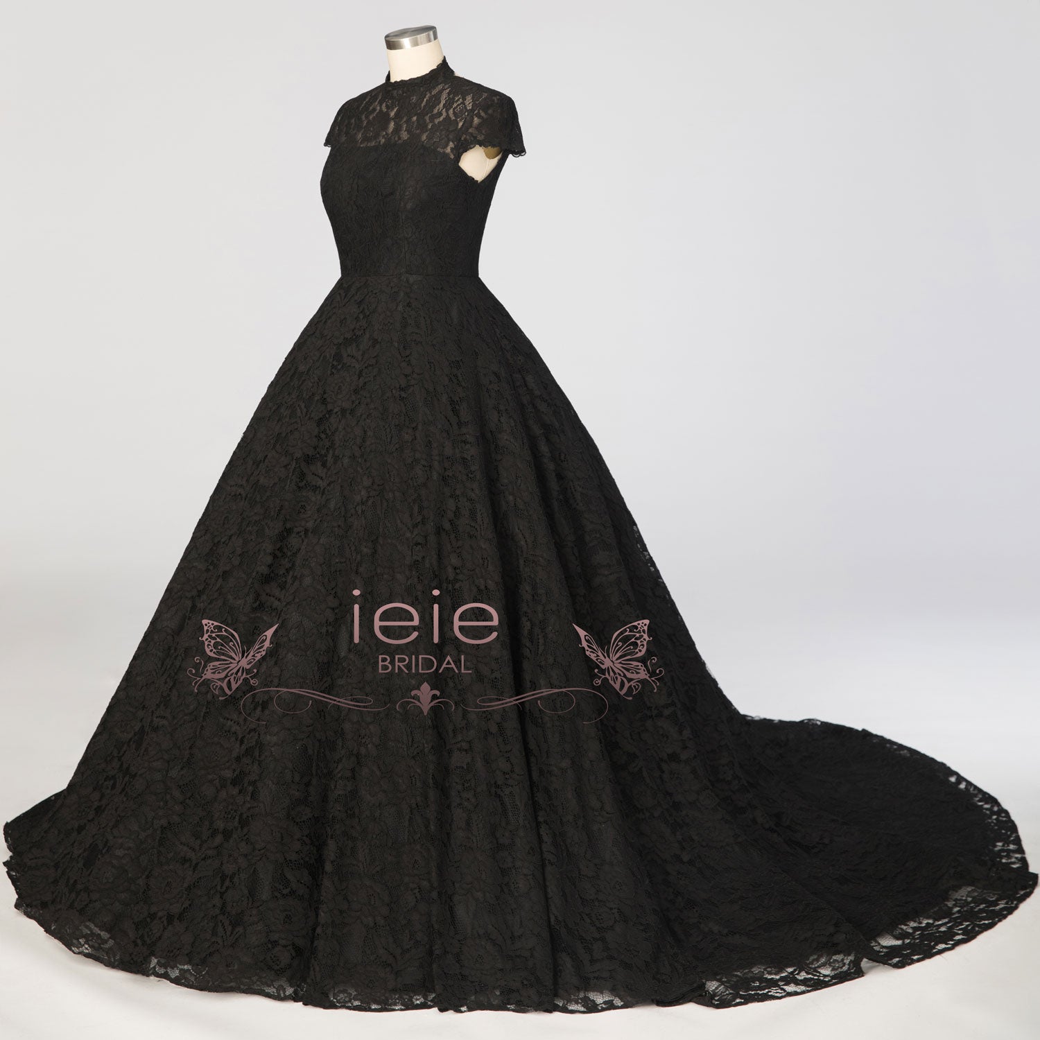 Black Ball Gown Lace Wedding Dress with Short Sleeves ADDISON