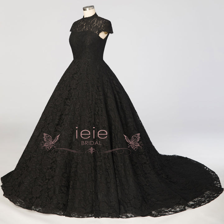 Black Ball Gown Lace Wedding Dress with Short Sleeves ADDISON