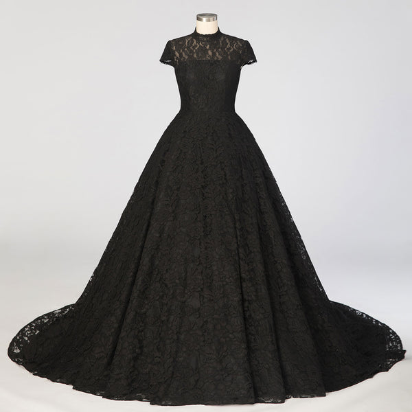 Black Ball Gown Lace Wedding Dress with Short Sleeves ADDISON