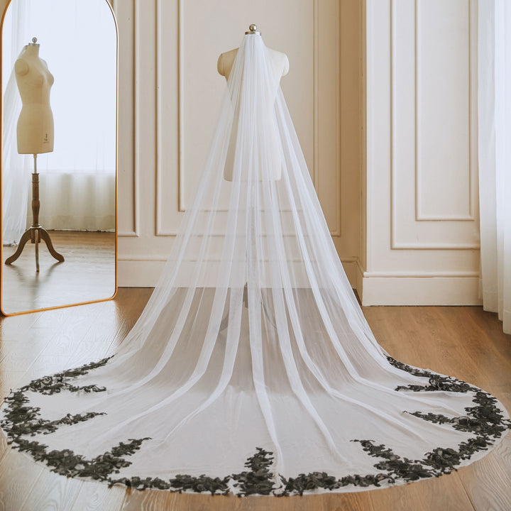 Long Soft Wedding Veil with Black Lace | VG3043
