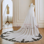 Long Soft Wedding Veil with Black Lace | VG3043