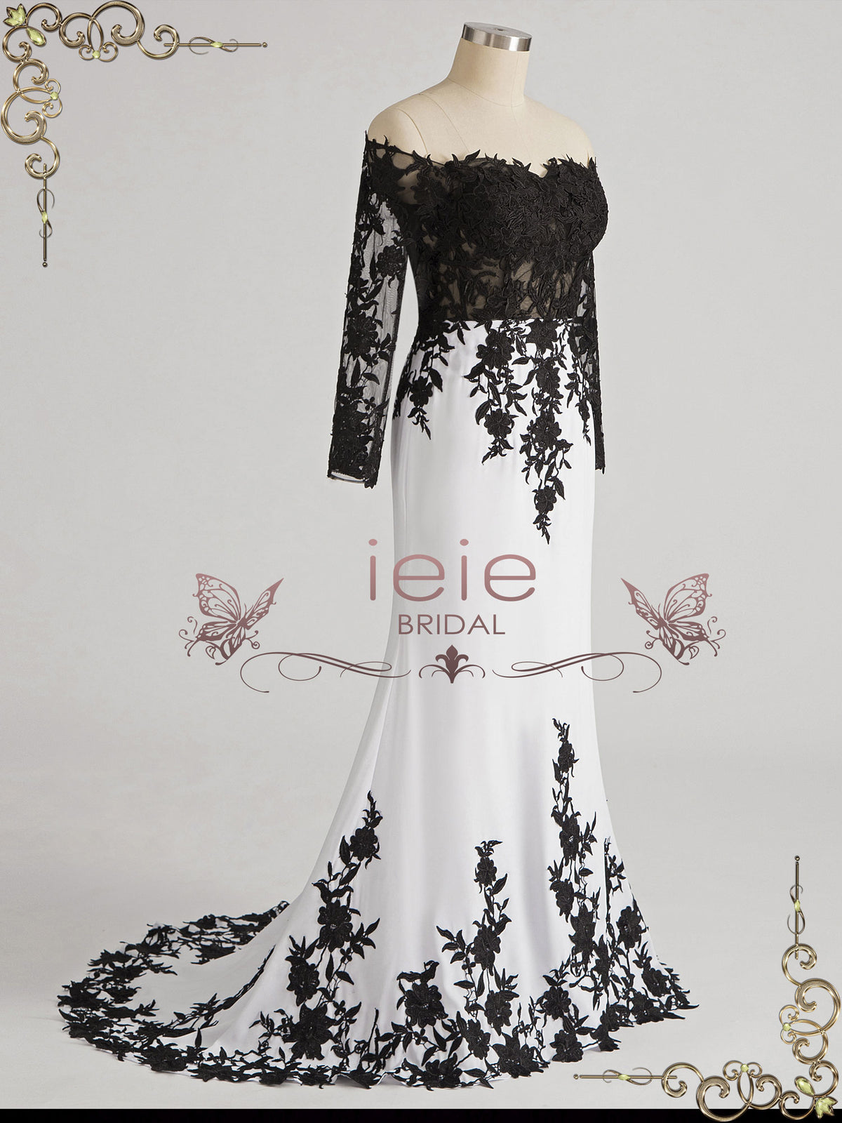 white wedding dress black lace Strapless Off the Shoulder Black Lace Wedding Dress TWYLA Custom Size / Black/Ivory