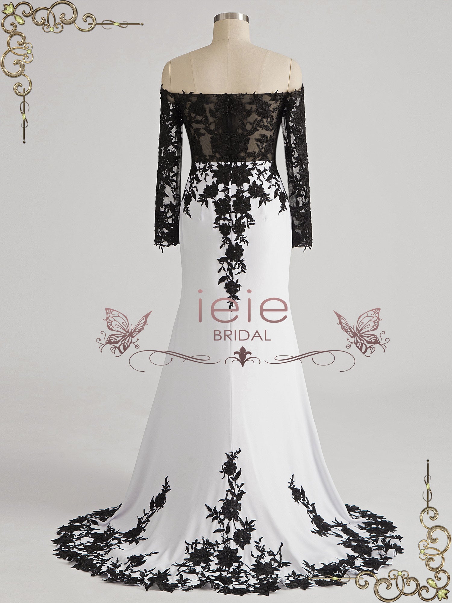 black and white lace wedding dress Floral Chiffon Illusion Neckline loveangeldress strapless sweetheart neckline Forest Elf Black And White