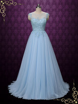 Blue Lace Wedding Formal Dress with Illusion Lack Back | KAY