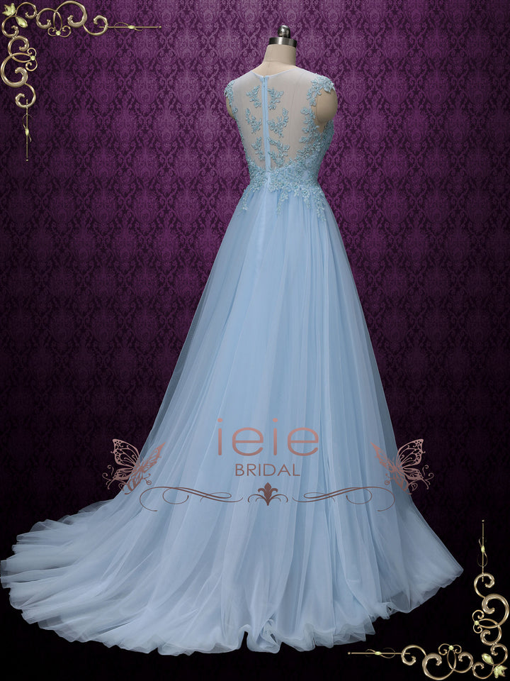 Blue Lace Wedding Formal Dress with Illusion Lack Back | KAY