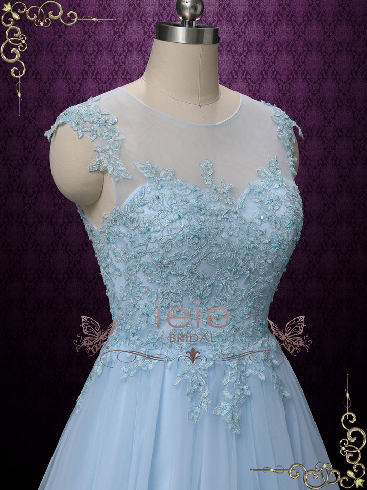 Blue Lace Wedding Formal Dress with Illusion Lack Back | KAY