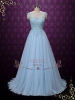Blue Lace Wedding Formal Dress with Illusion Lack Back | KAY