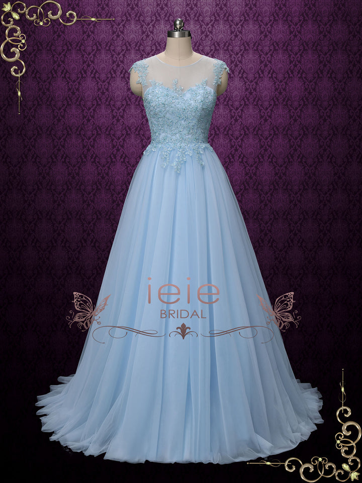 Blue Lace Wedding Formal Dress with Illusion Lack Back | KAY