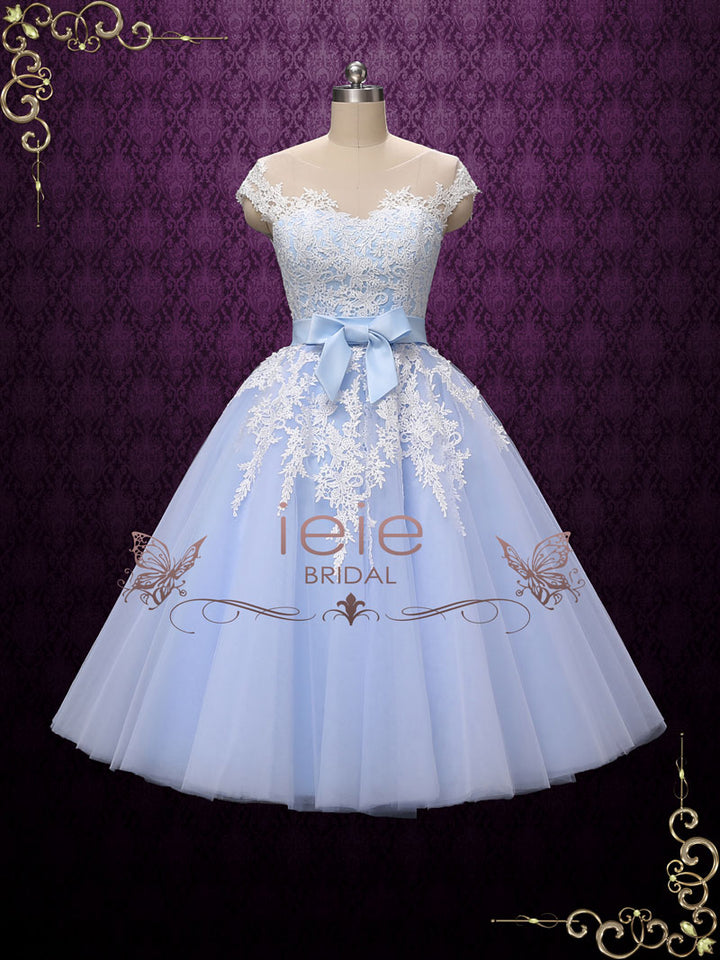 Blue Retro Tea Length Wedding Dress with Illusion Neckline ROSALIE