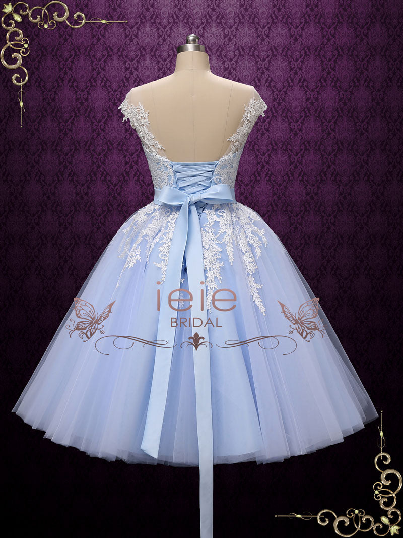 Blue Retro Tea Length Wedding Dress with Illusion Neckline ROSALIE Size 20W / Ivory / Zipper/Buttons