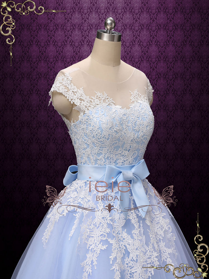 Blue Retro Tea Length Wedding Dress with Illusion Neckline ROSALIE – ieie