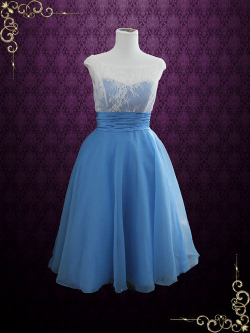 Size 4 Blue Vintage Style Tea Length Formal Dress EDENA