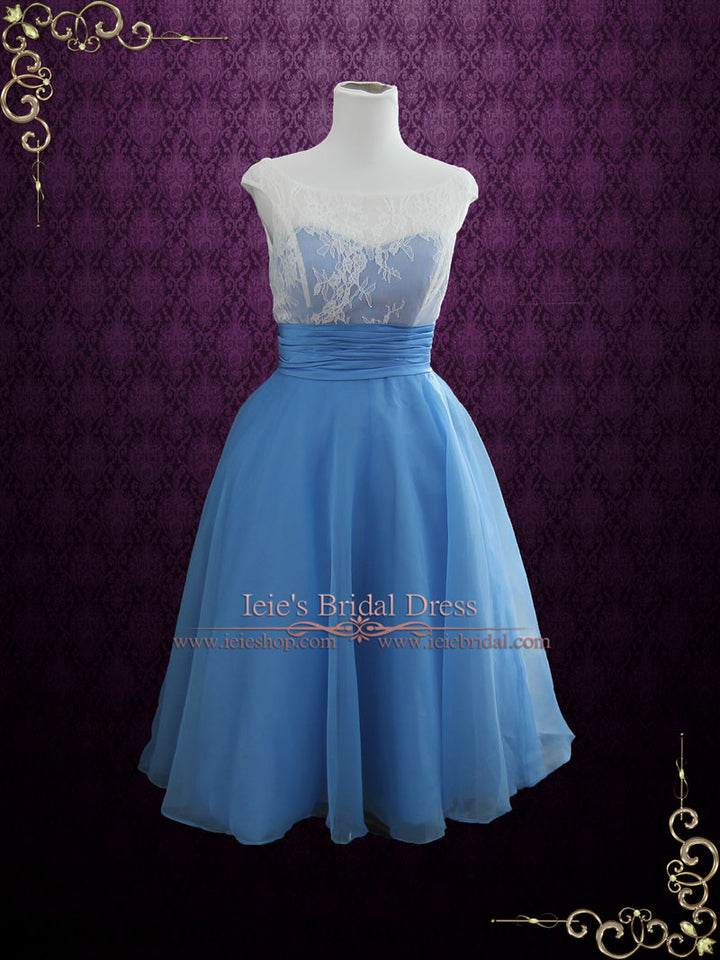 Modest Blue Retro Tea Length Formal Dress | Edena