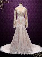 Boho Blush Colored Wedding Dress with Long Sleeves FEIA