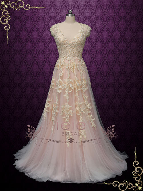 Blush Pink Boho Beach Lace Wedding Dress with Plunging Neckline KORI