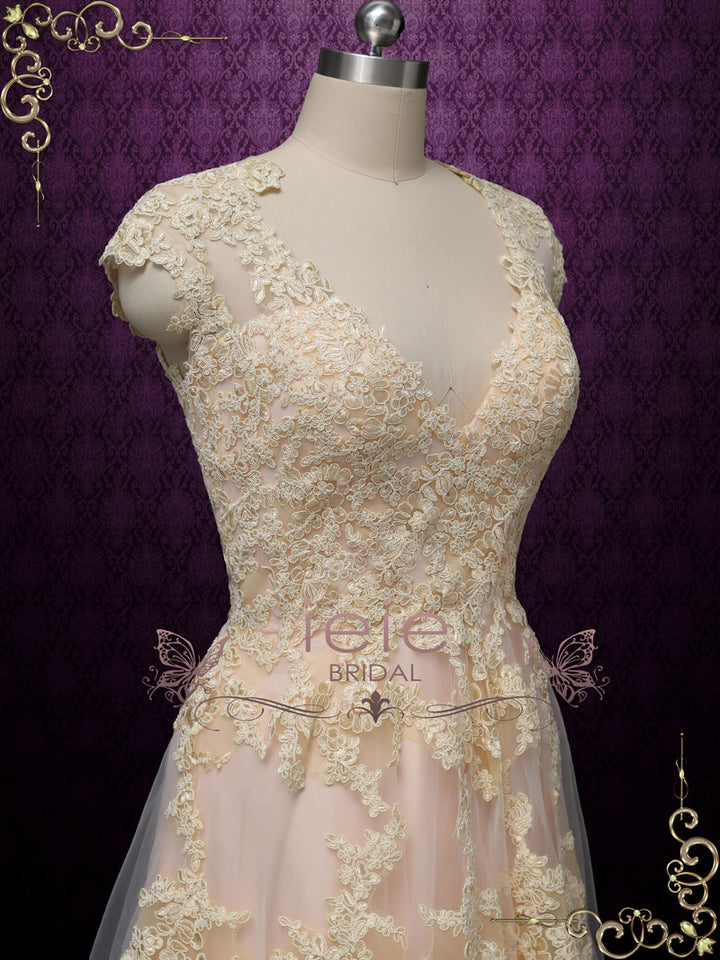 Blush Pink Boho Beach Lace Wedding Dress with Plunging Neckline KORI