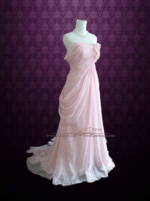 Blush Pink Ethereal Grecian Goddess Off Shoulder Beach Prom Dress