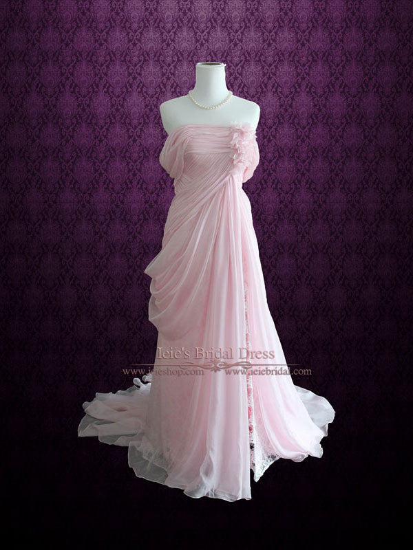 women's light pink off the shoulder goddess dress Andrea and Leo A1330 Long Formal Dress Blush / 8 length Model is Blushing Pink Floral Lace Tulle