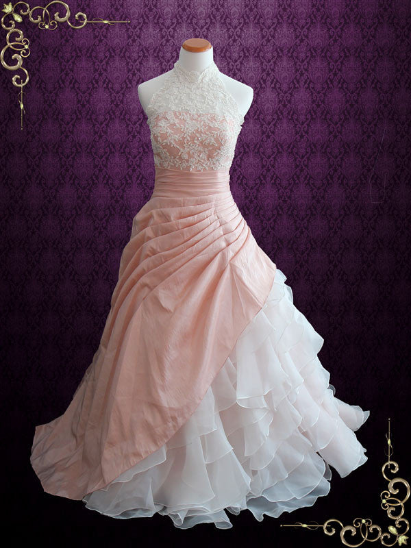 Halter Blush Pink Ball Gown Wedding Dress with Organza Ruffles | Alina