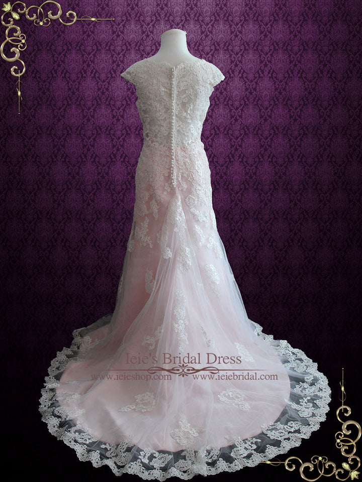 Modest Vintage Lace Pink Wedding Dress with Cap Sleeves JULY ieie Modest Vintage Lace Pink Wedding Dress with Cap Sleeves JULY ieie