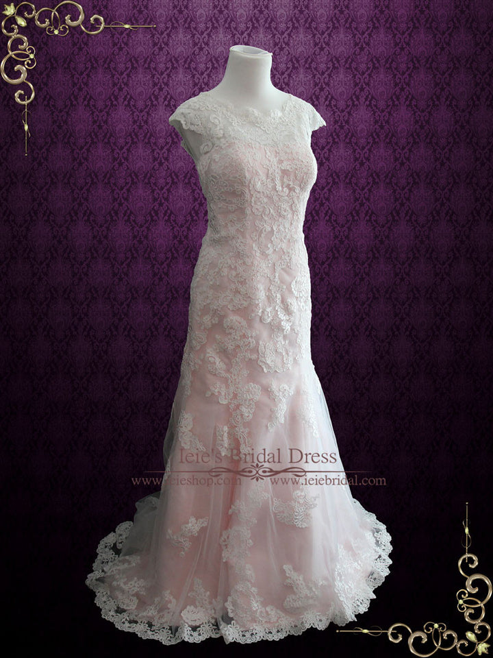 Modest Vintage Lace Pink Wedding Dress with Cap Sleeves JULY