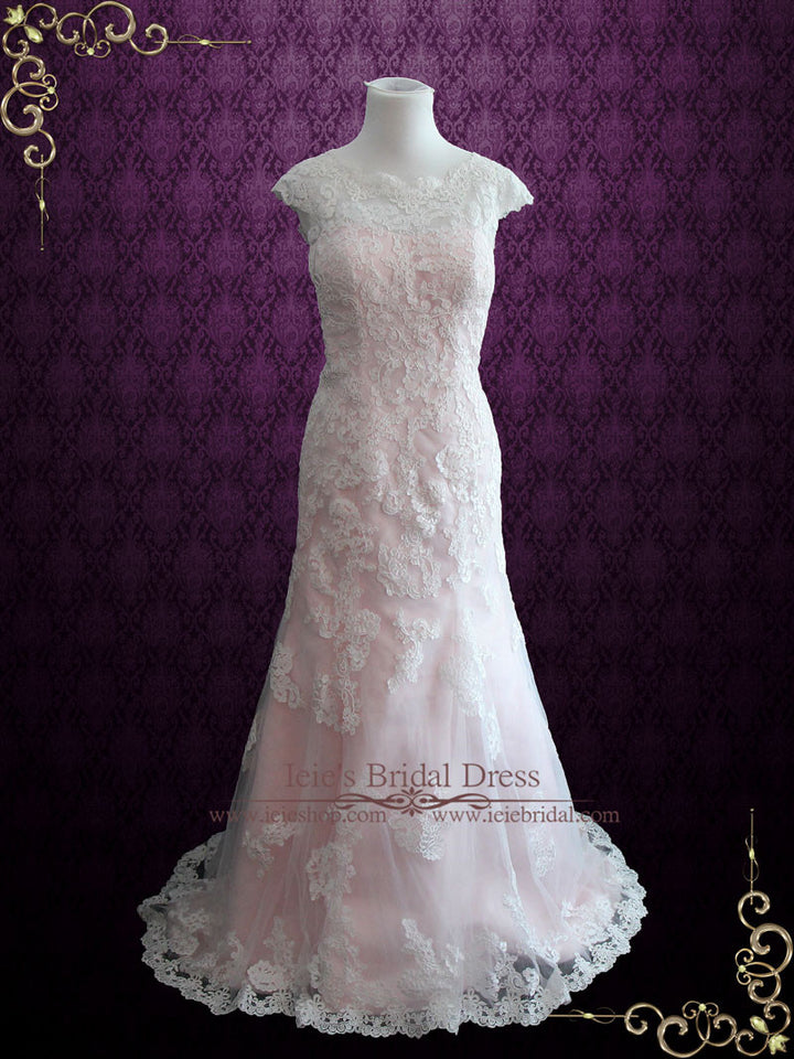 Modest Vintage Lace Pink Wedding Dress with Cap Sleeves JULY ieie Modest Vintage Lace Pink Wedding Dress with Cap Sleeves JULY ieie