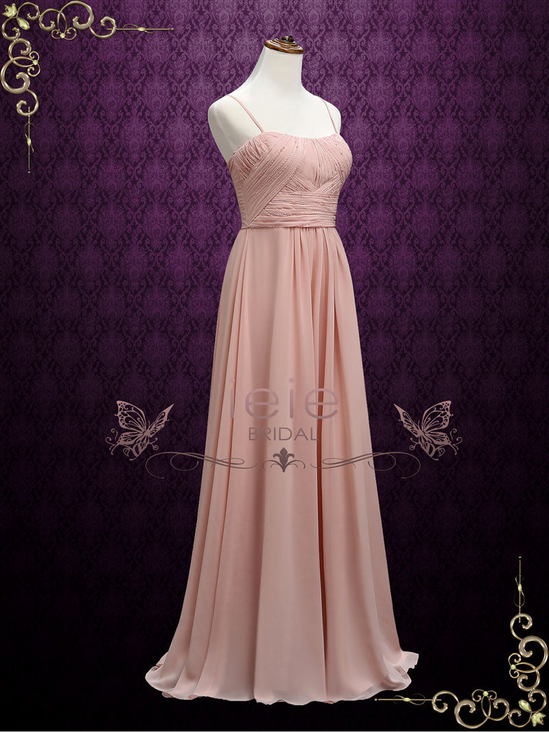 Long Chiffon Maid of Honor Bridesmaid Dress with Thin Straps