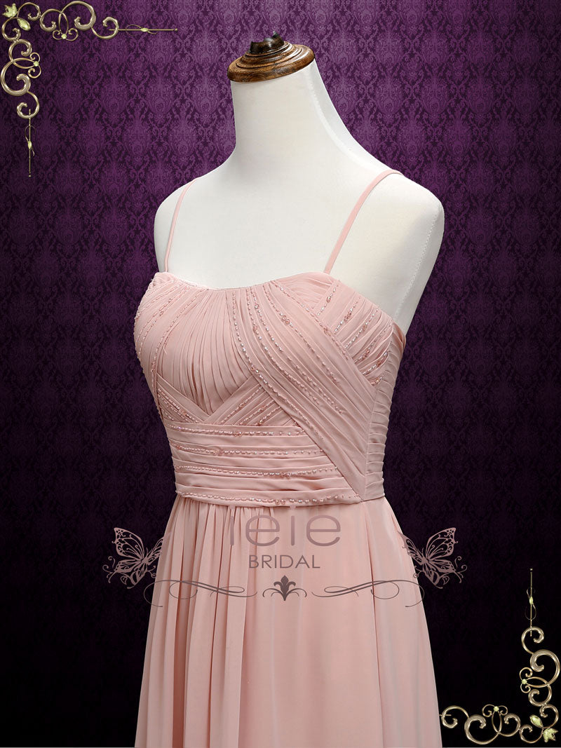 Long Chiffon Maid of Honor Bridesmaid Dress with Thin Straps