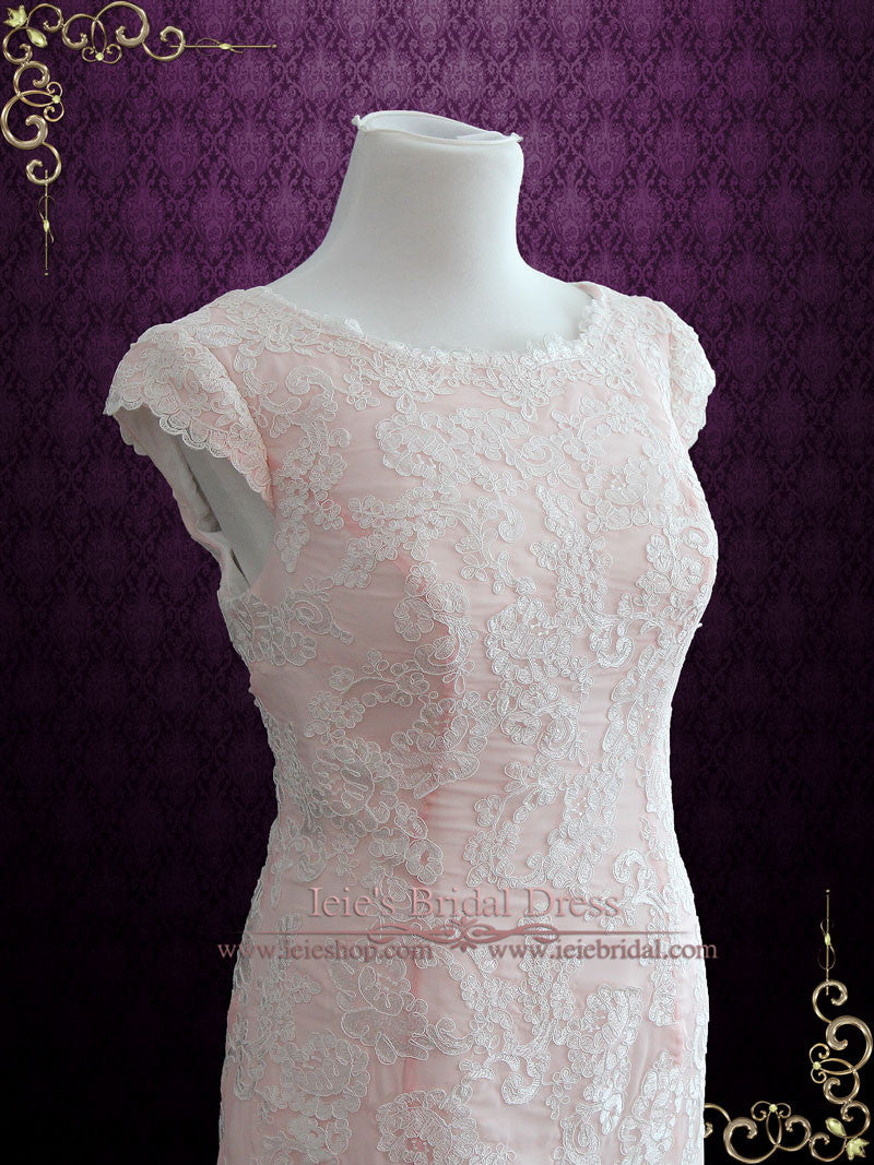 Modest Lace Pink Wedding Dress with Cap Sleeves TILLY
