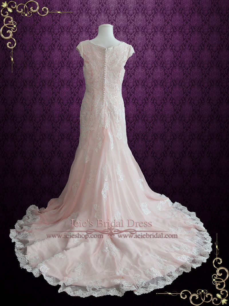 Modest Lace Pink Wedding Dress with Cap Sleeves TILLY – ieie