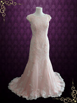 Blush Pink Modest Lace Chiffon Wedding Dress with Cap Sleeves | Tilly