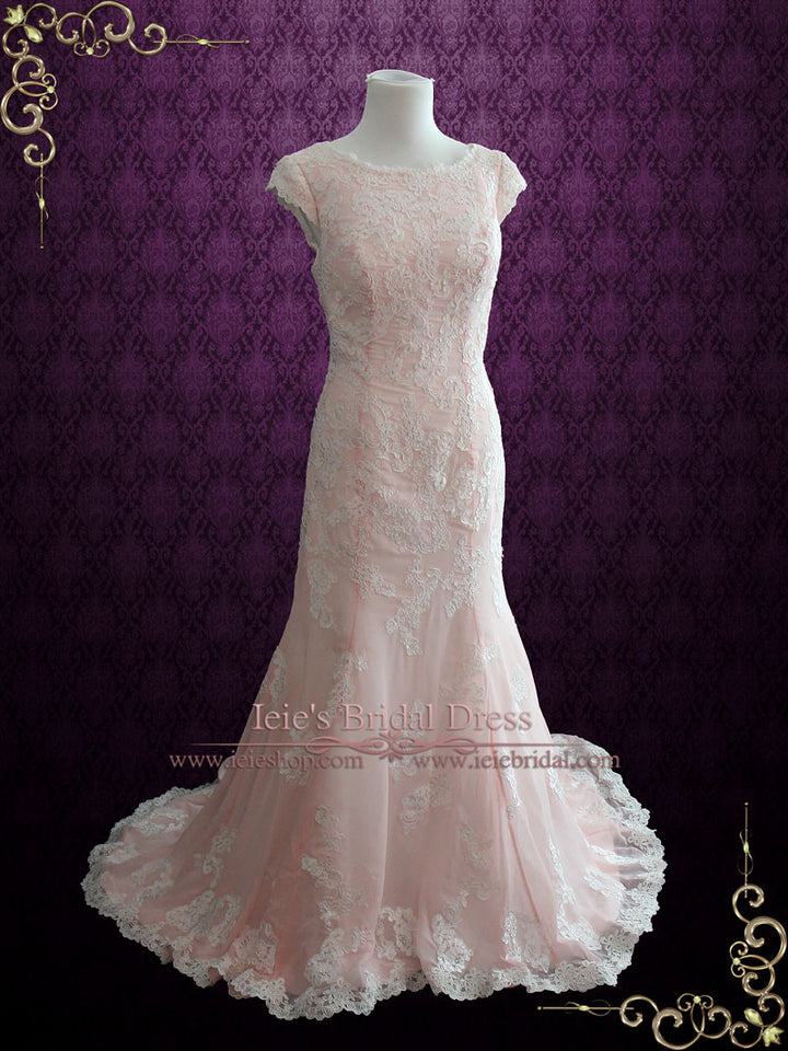 Modest Pink Chiffon Lace Wedding Dress with Cap Sleeves | Tania