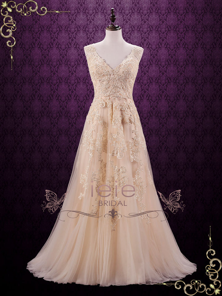 Blush Boho Lace Wedding Dress with V Neckline HEATHER