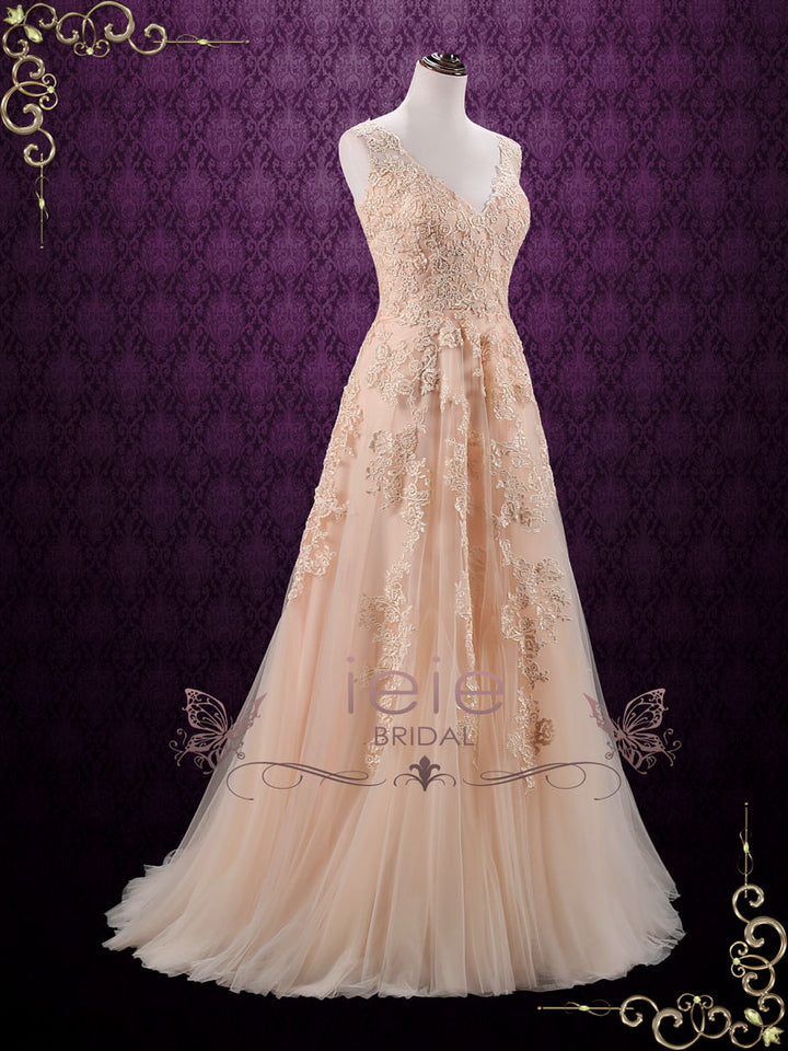 Blush Boho Lace Wedding Dress with V Neckline HEATHER
