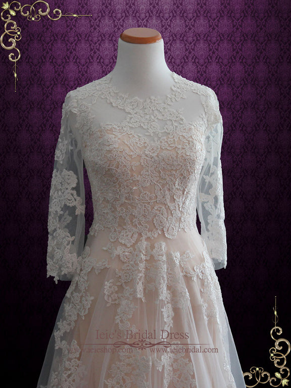 Blush Lace Wedding Dress with Long Sleeves Charmine ieie