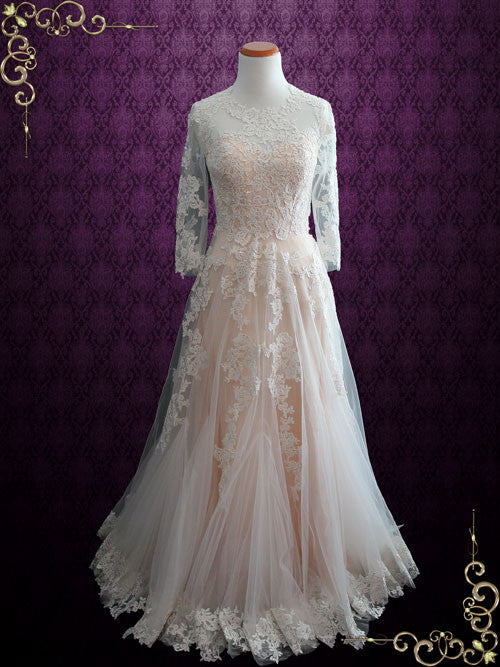 blush wedding dress long sleeve Lace with Sleeves Lauren Ralph Lauren Belted crafted from beaded floral affordable prom dresses Color:TAN LEATHER