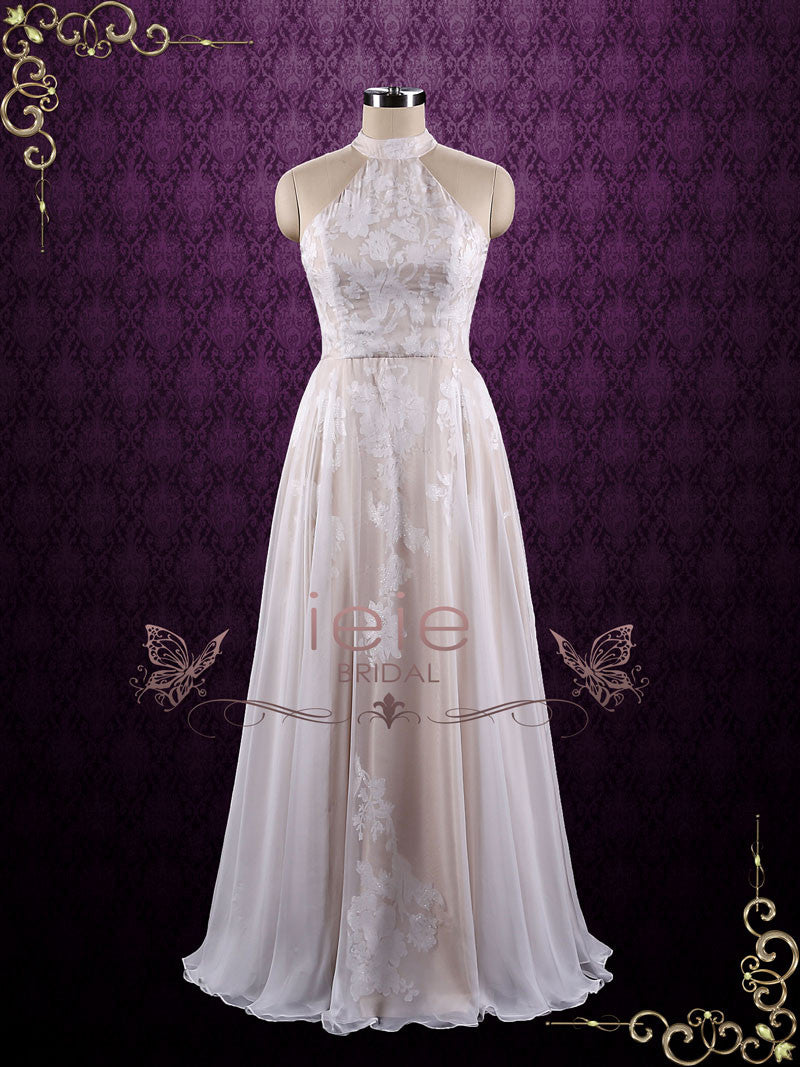 Boho Halter Lace Chiffon Wedding Dress AZALEA Size 18W / Champagne