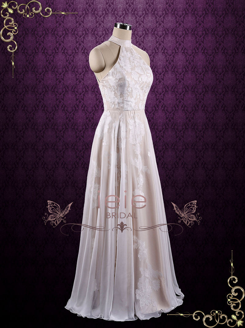 Boho Halter Lace Chiffon Wedding Dress AZALEA Size 18W / Champagne